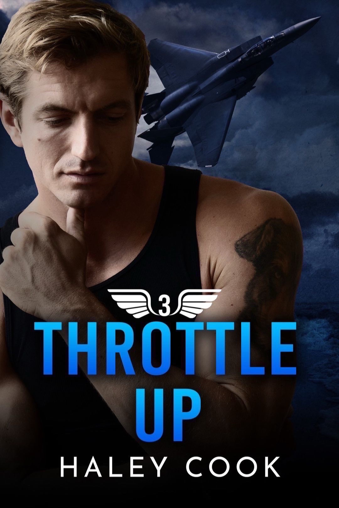 Cover of Throttle Up by Haley Cook, featuring a man with a jet behind him.