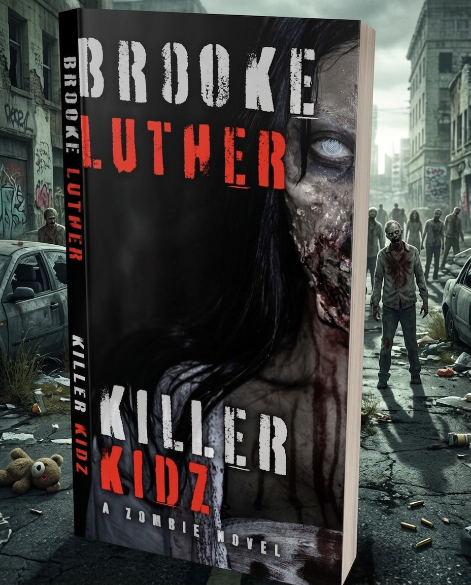 Cover of Killer Kidz by Brooke Luther, showing a book mockup against a ruined city scene.