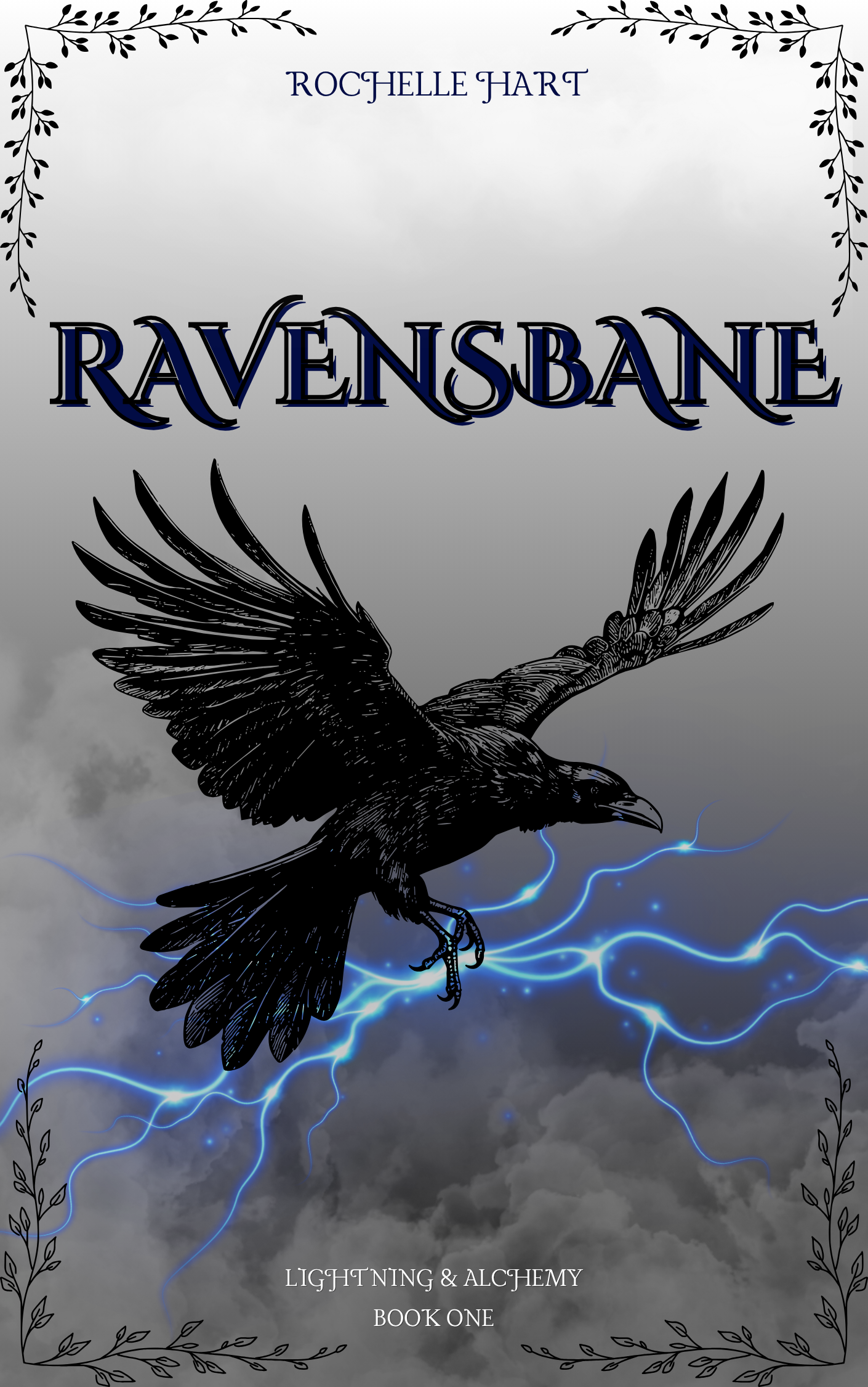 Cover of Ravensbane by Rochelle Hart, featuring a raven above blue lightning.