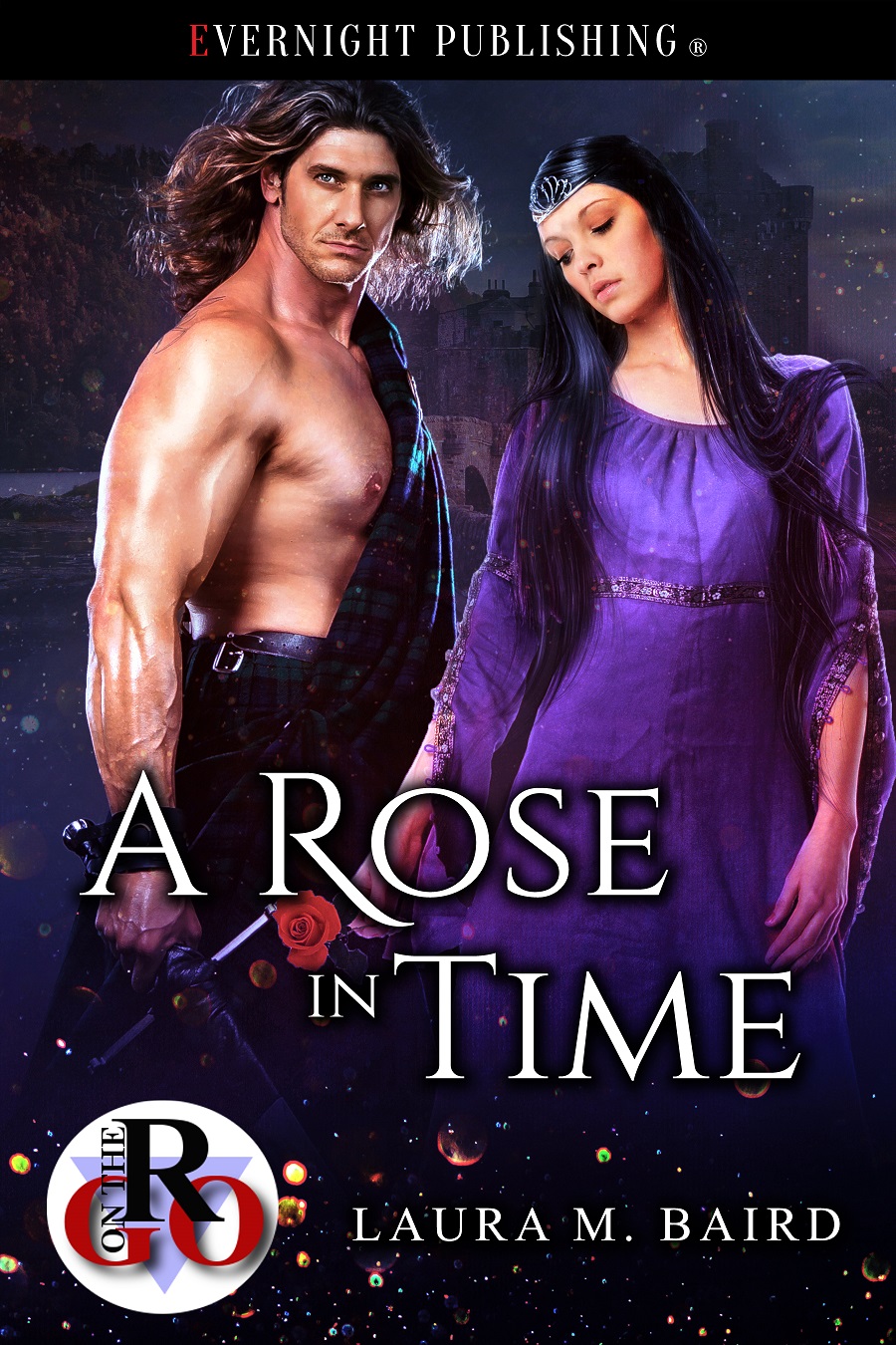 Cover of A Rose in Time by Laura M. Baird, featuring a couple against a purple night sky.