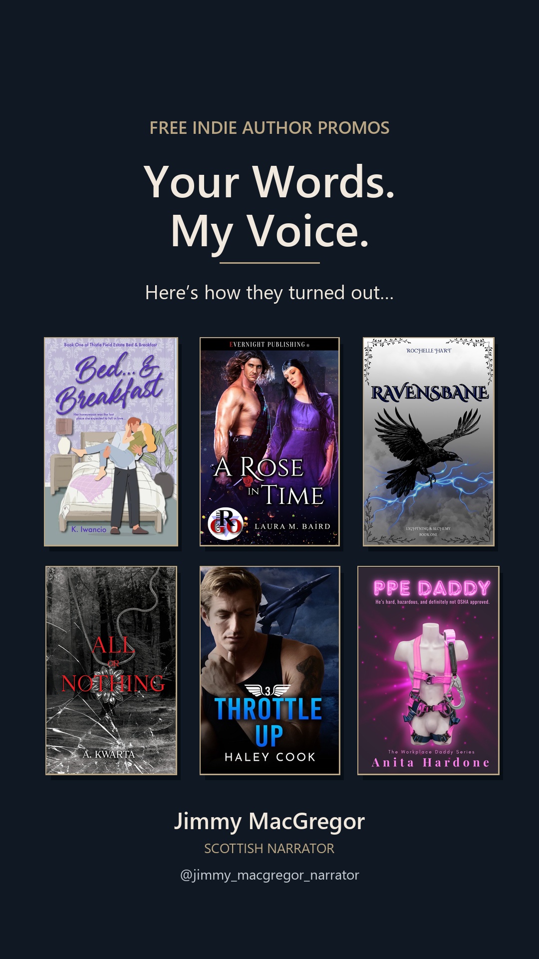 Free indie author promos by Scottish narrator Jimmy MacGregor, featuring the six book covers showcased in this article.